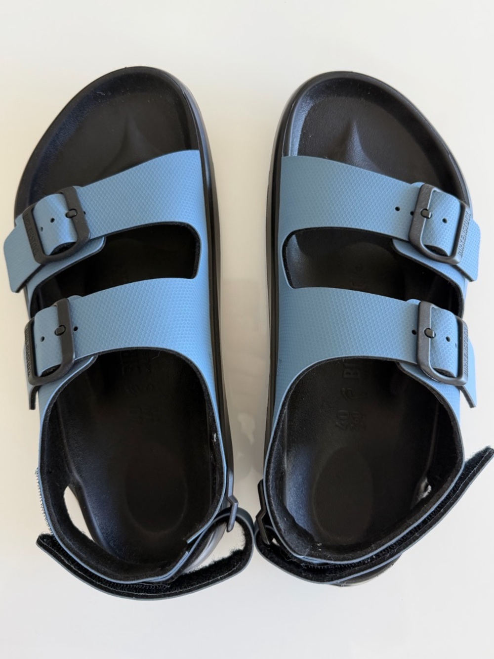 Birkenstock Two-Strap Sandals in Light Blue and Black